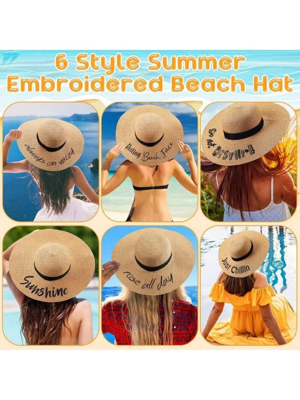 6 Pcs Women's Summer Floppy Beach Hats - Embroidered, Foldable, Large Brim